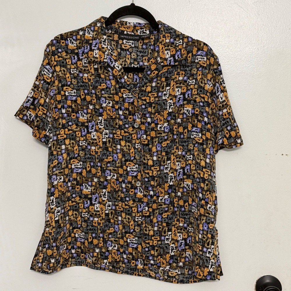 Impressions Retro Geometric Abstract Mosaic Floral Mustard Lavender Blouse Sz M